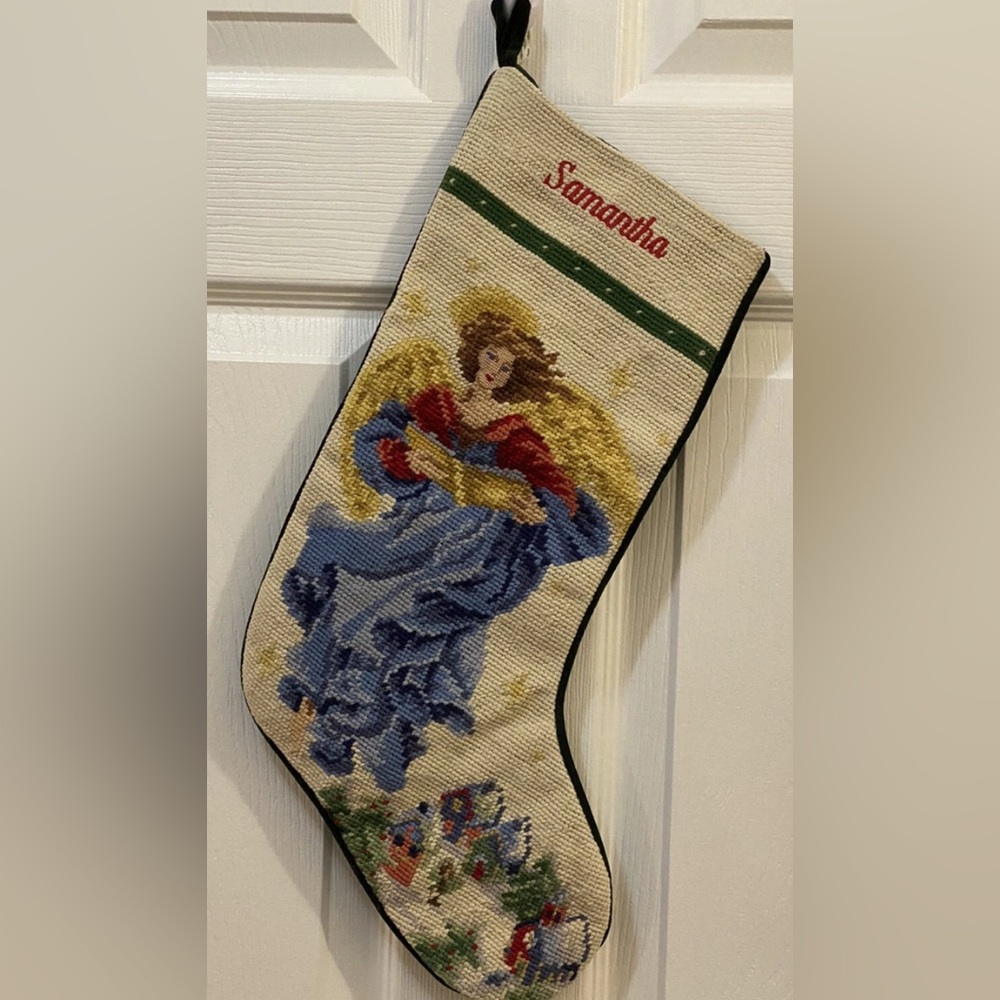 Needlepoint Lands End Angel Monogram SAMANTHA Christmas Stocking Victorian